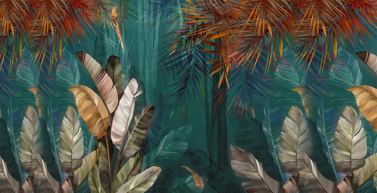 Fotobehang de groene jungle is geschilderd in herfsttinten