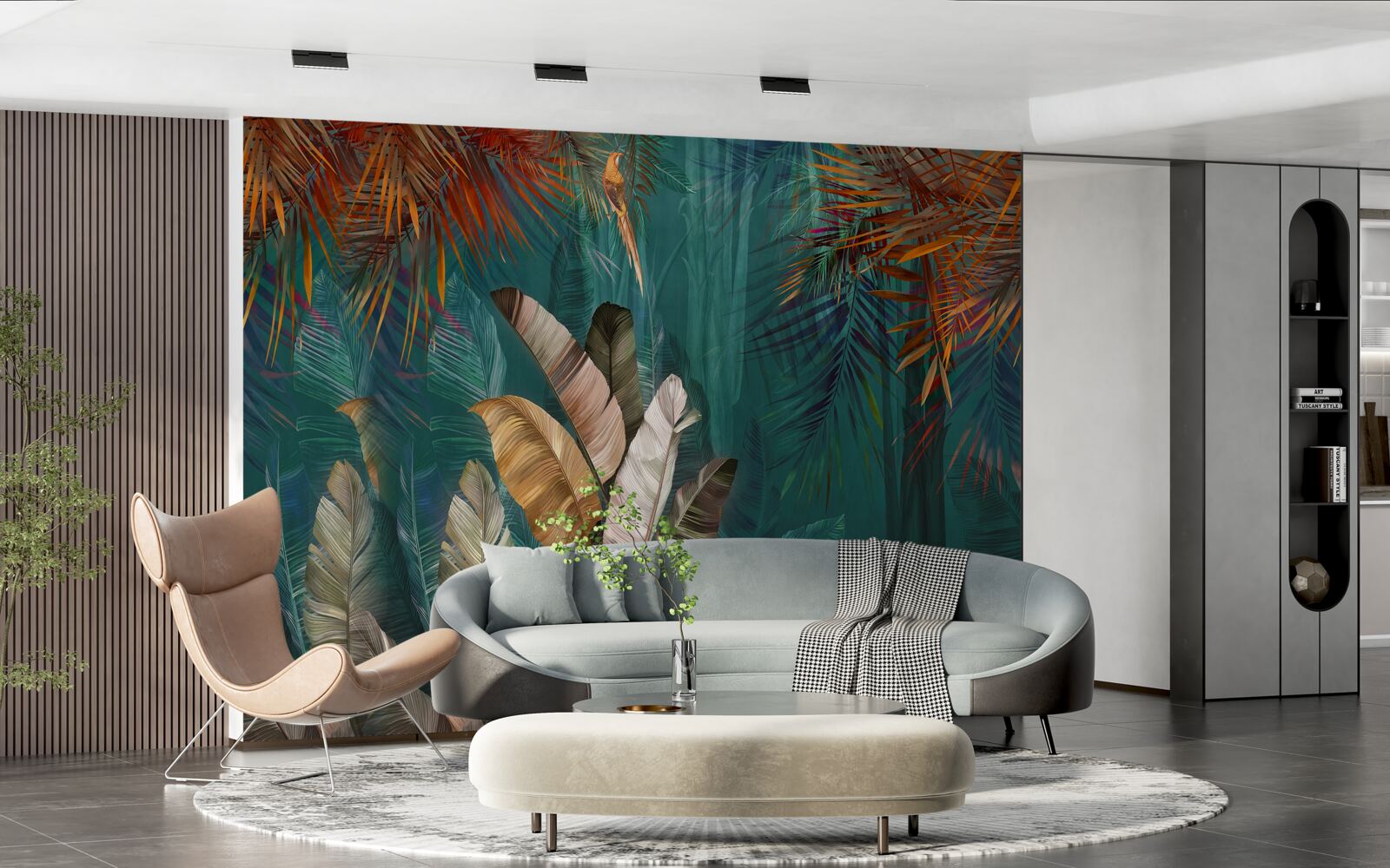 Fotobehang de groene jungle is geschilderd in herfsttinten