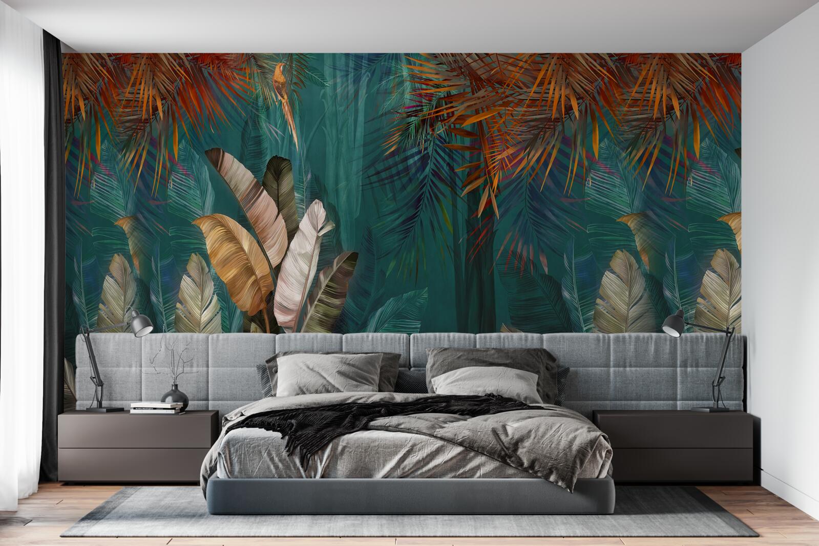 Fotobehang de groene jungle is geschilderd in herfsttinten