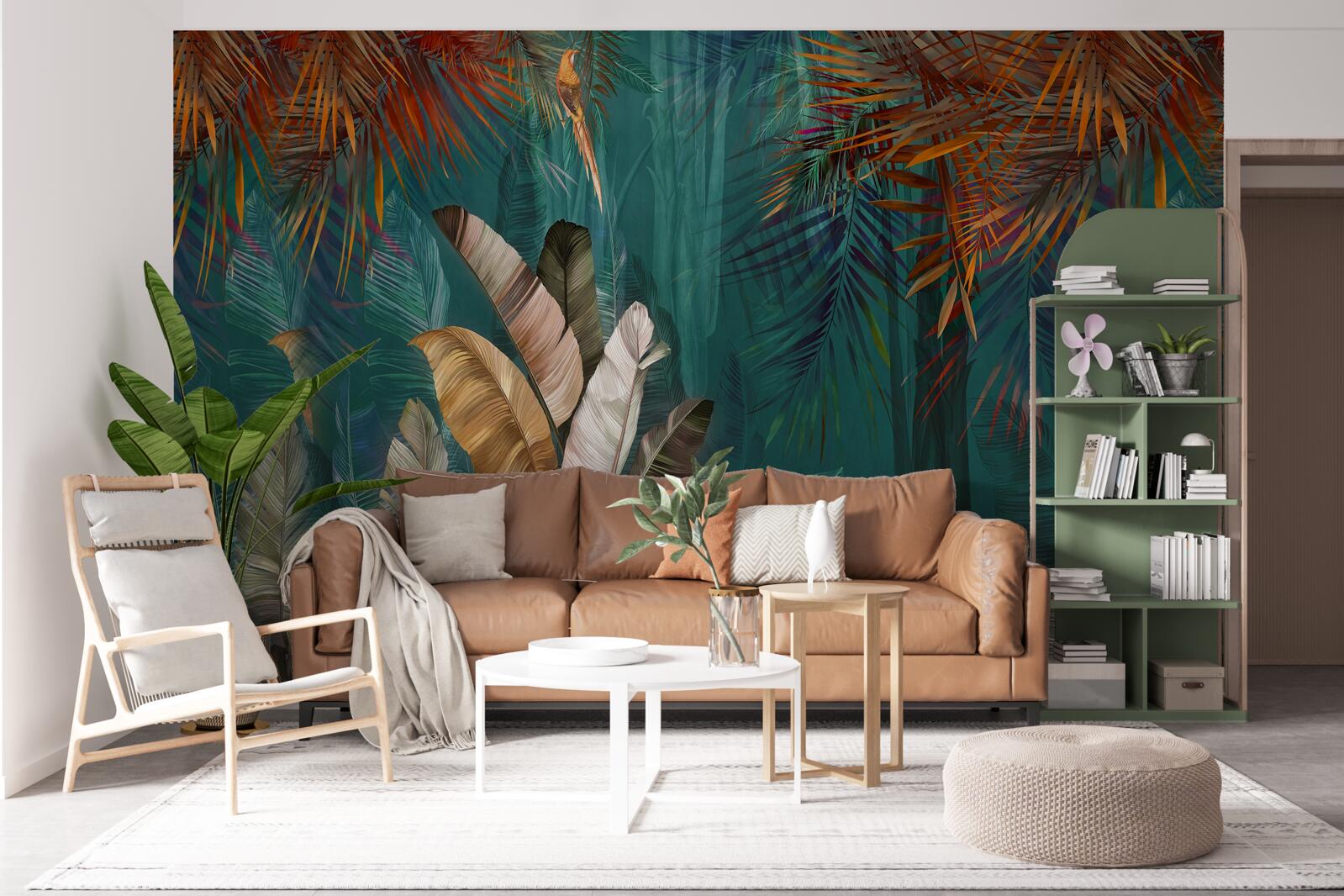 Fotobehang de groene jungle is geschilderd in herfsttinten