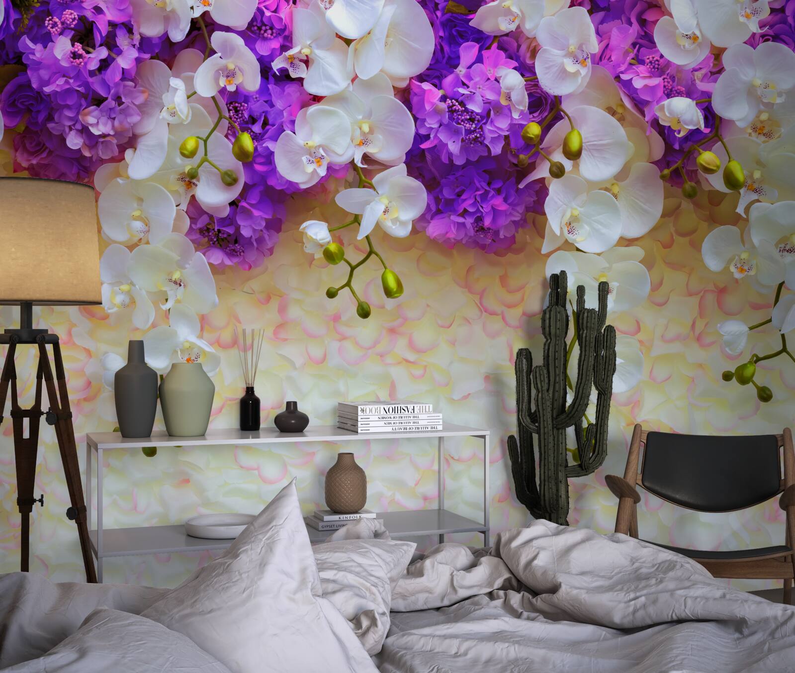 Fotobehang Sneeuwwitte orchideeën en lila bloesems