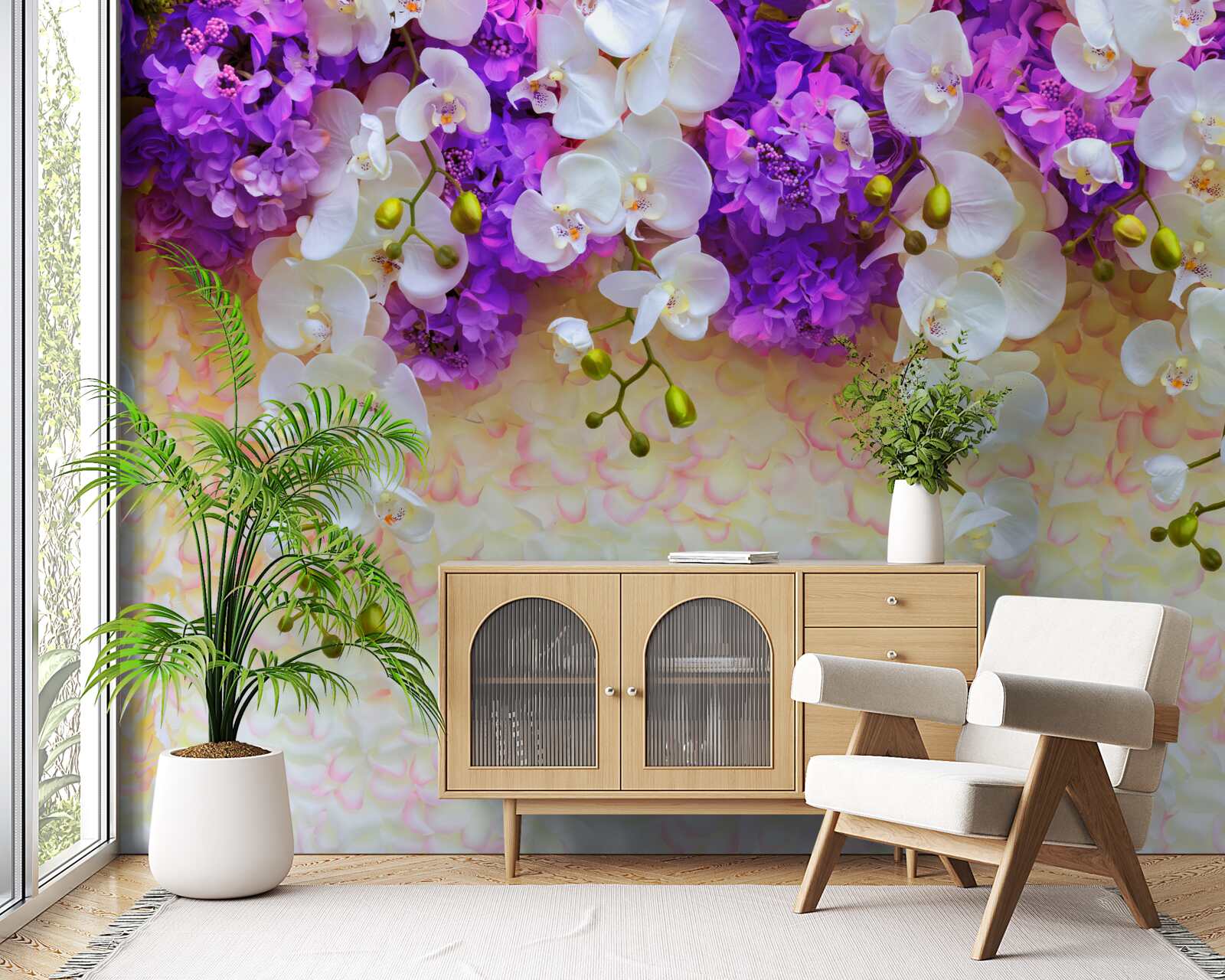 Fotobehang Sneeuwwitte orchideeën en lila bloesems