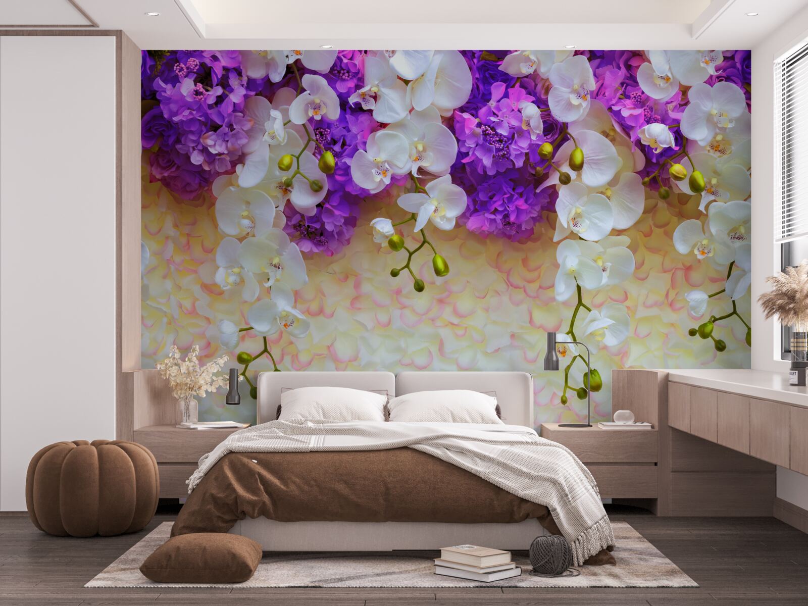 Fotobehang Sneeuwwitte orchideeën en lila bloesems