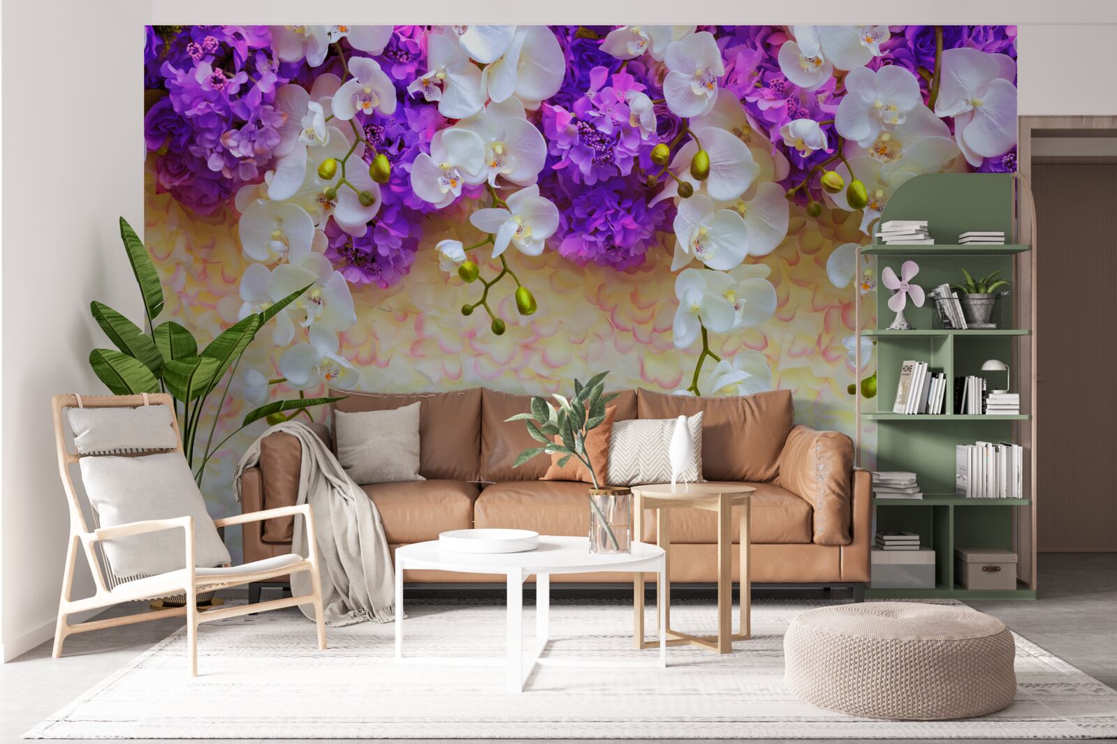 Fotobehang Sneeuwwitte orchideeën en lila bloesems