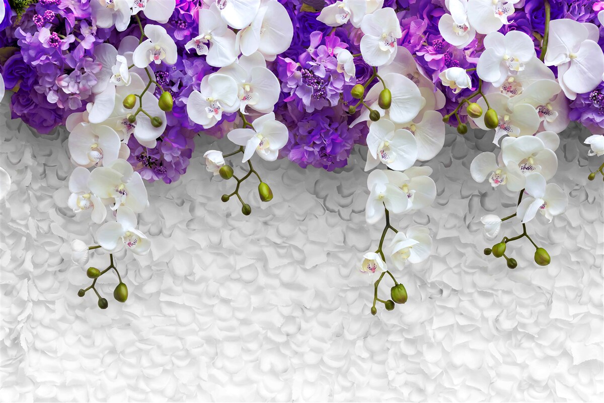 Fotobehang barrière van paarse planten en witte orchidee