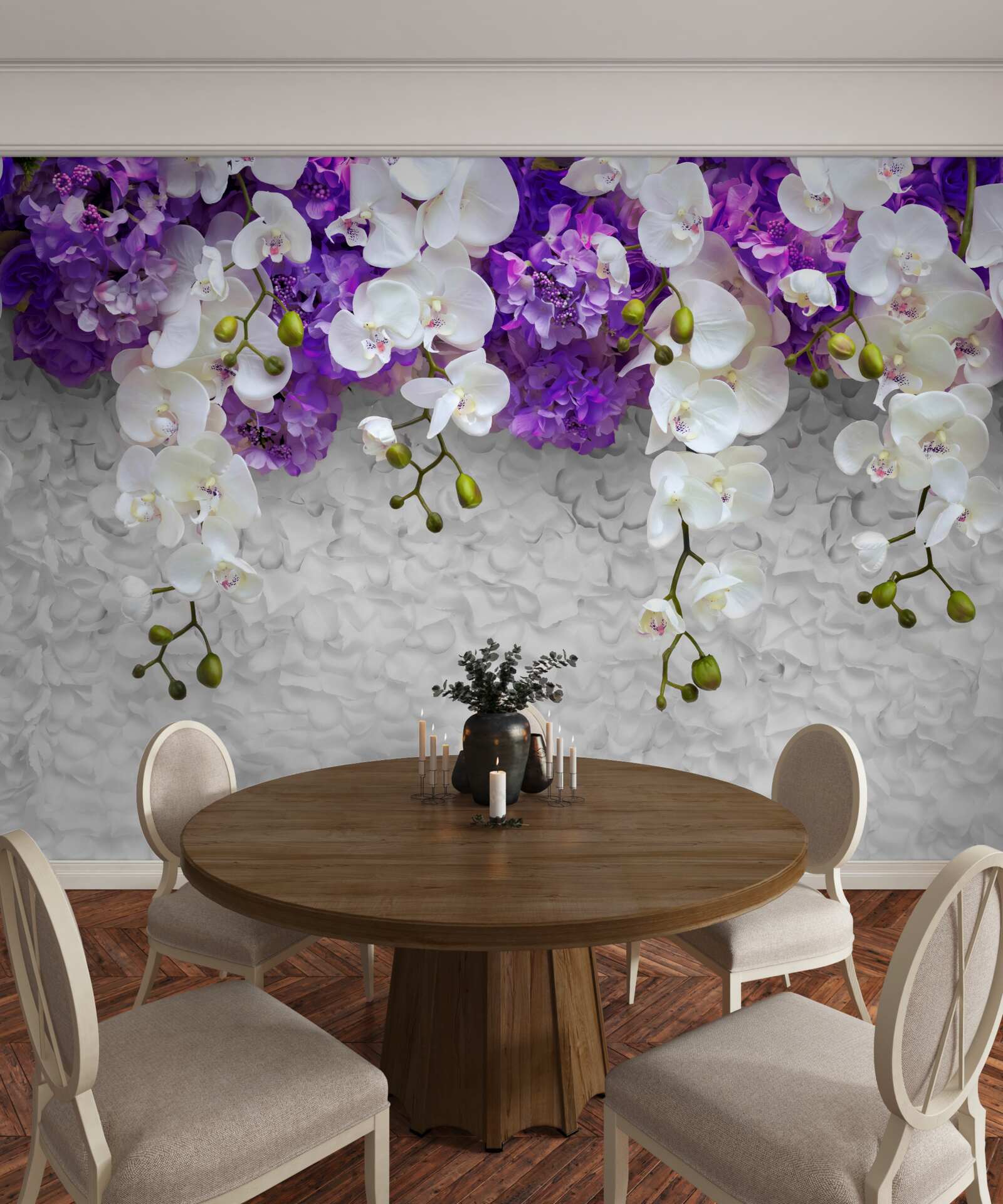 Fotobehang barrière van paarse planten en witte orchidee