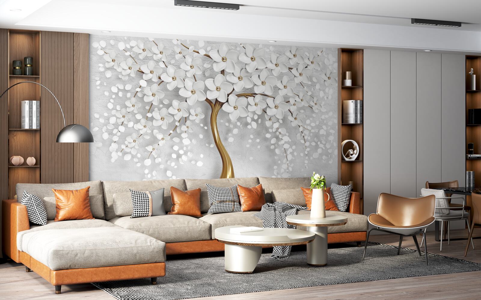 Fotobehang boom met witte bloemen en een slanke stam