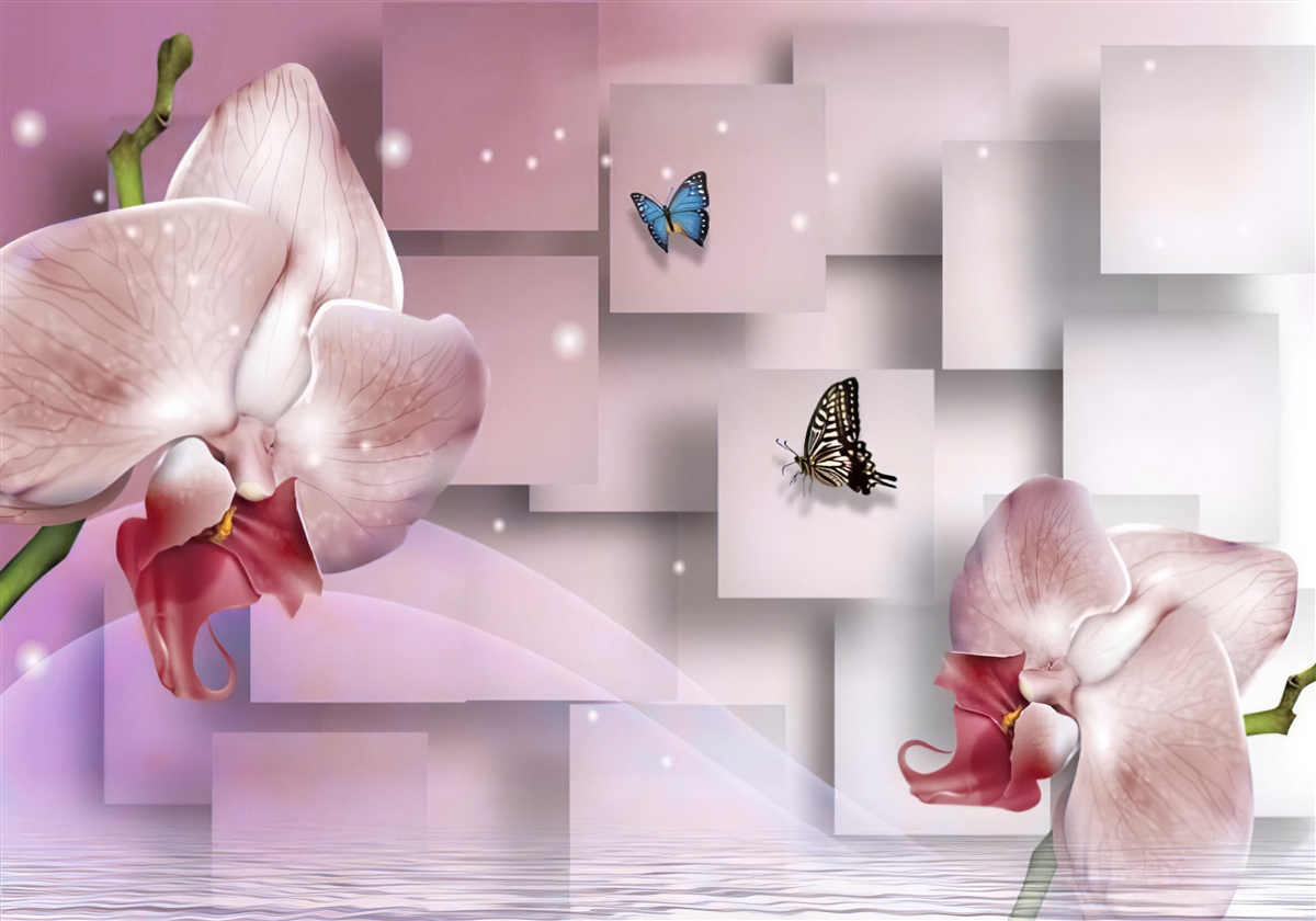Fotobehang felgekleurde vlinders en orchideeën