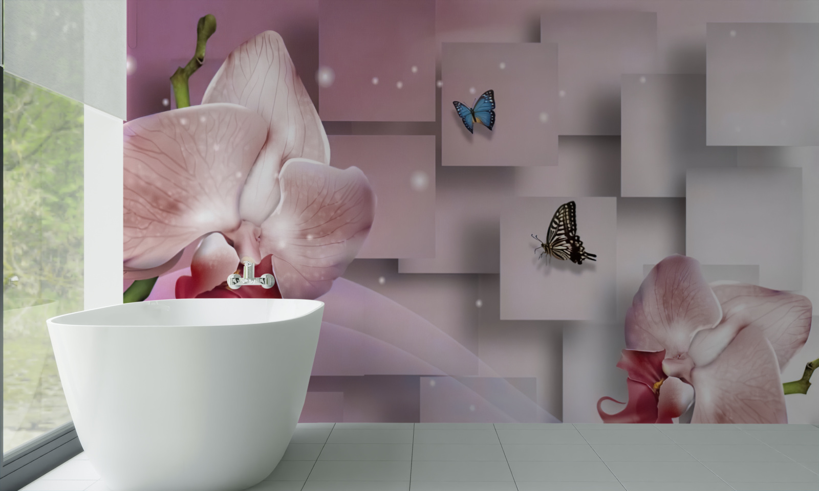 Fotobehang felgekleurde vlinders en orchideeën