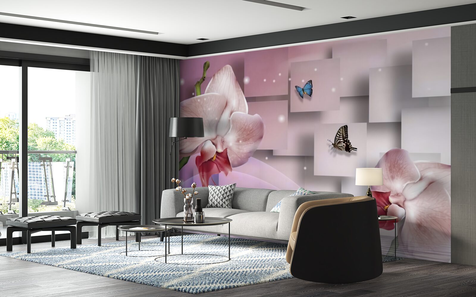 Fotobehang felgekleurde vlinders en orchideeën