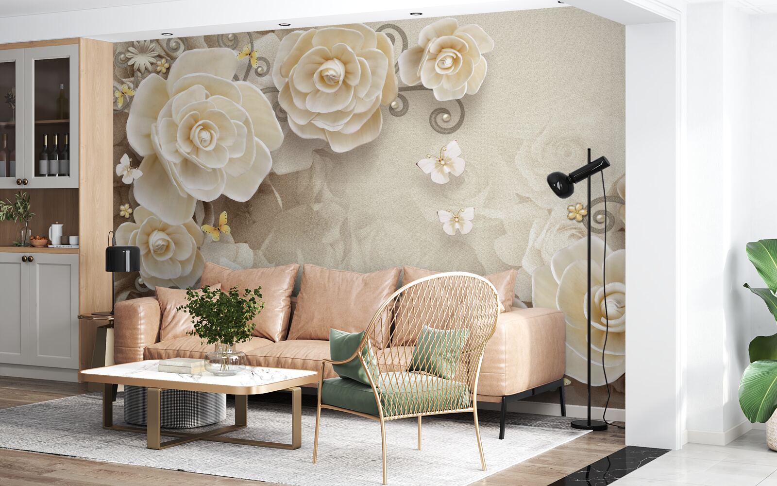 Fotobehang bloemen met parels op een glanzend oppervlak
