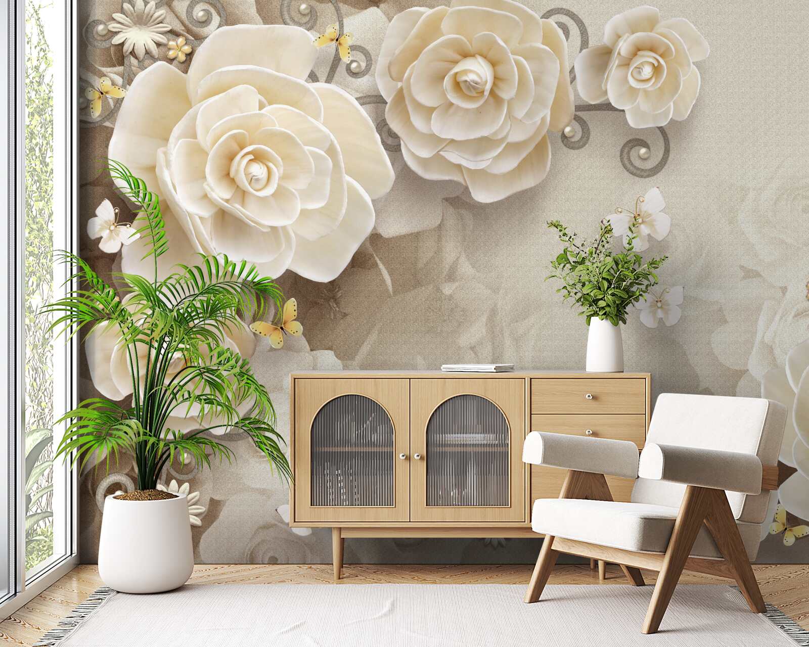 Fotobehang bloemen met parels op een glanzend oppervlak