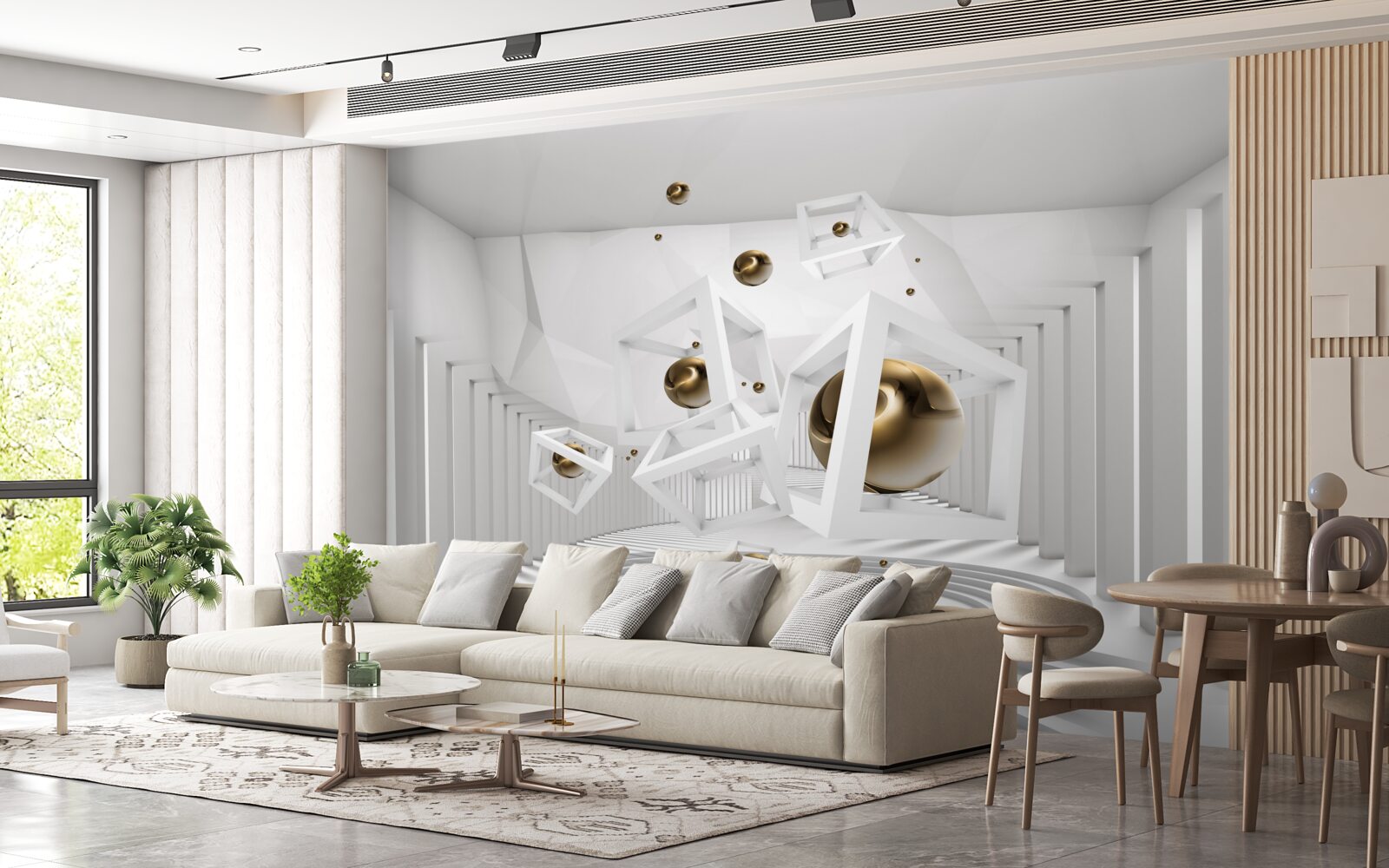 Fotobehang gouden ballen en witte kubussen