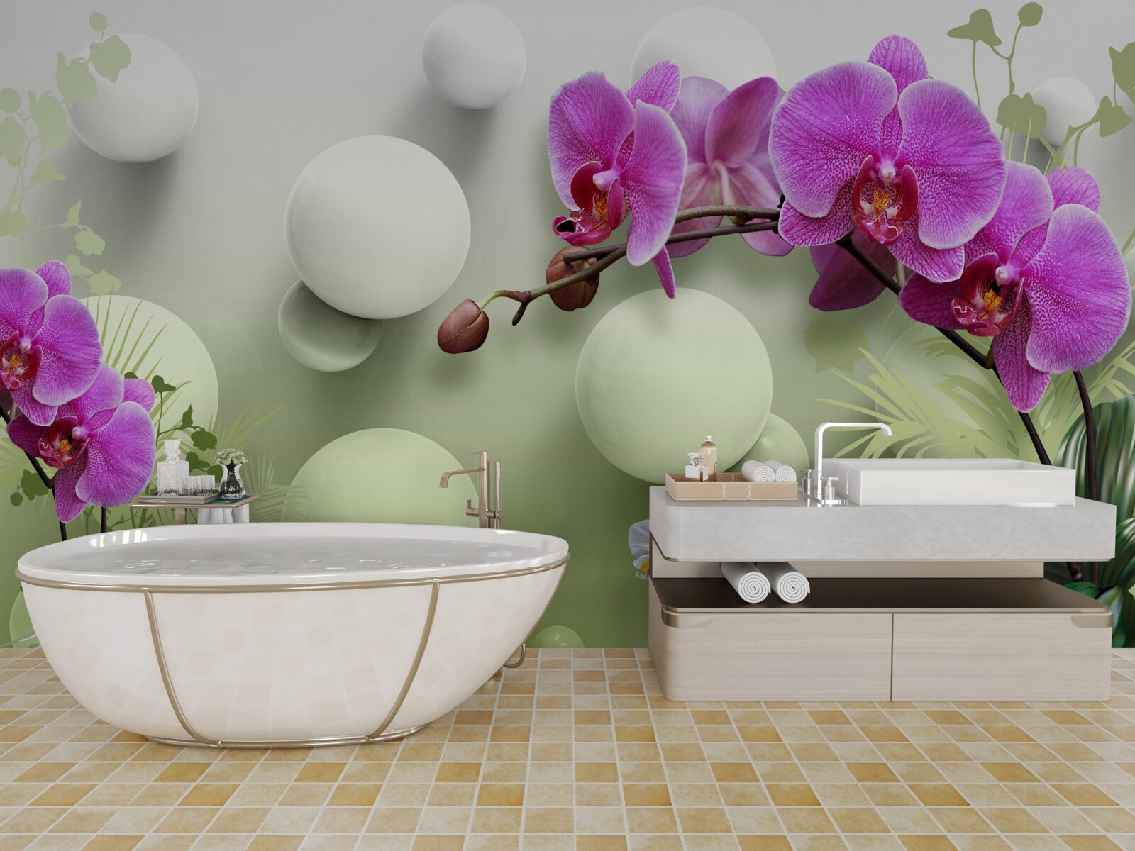 Fotobehang orchideeën in witte en paarse tinten