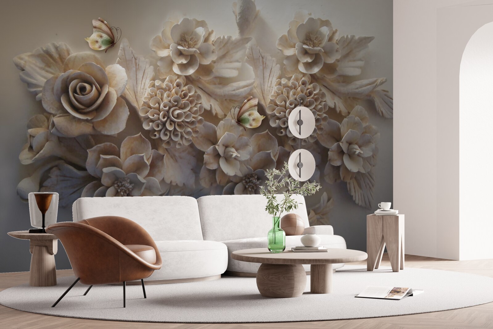 Fotobehang set grote bloemen in crèmetinten