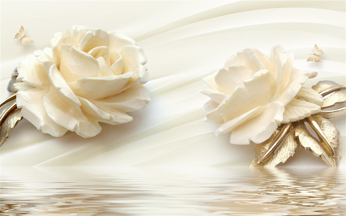 Fotobehang twee grote beige rozenbloemen