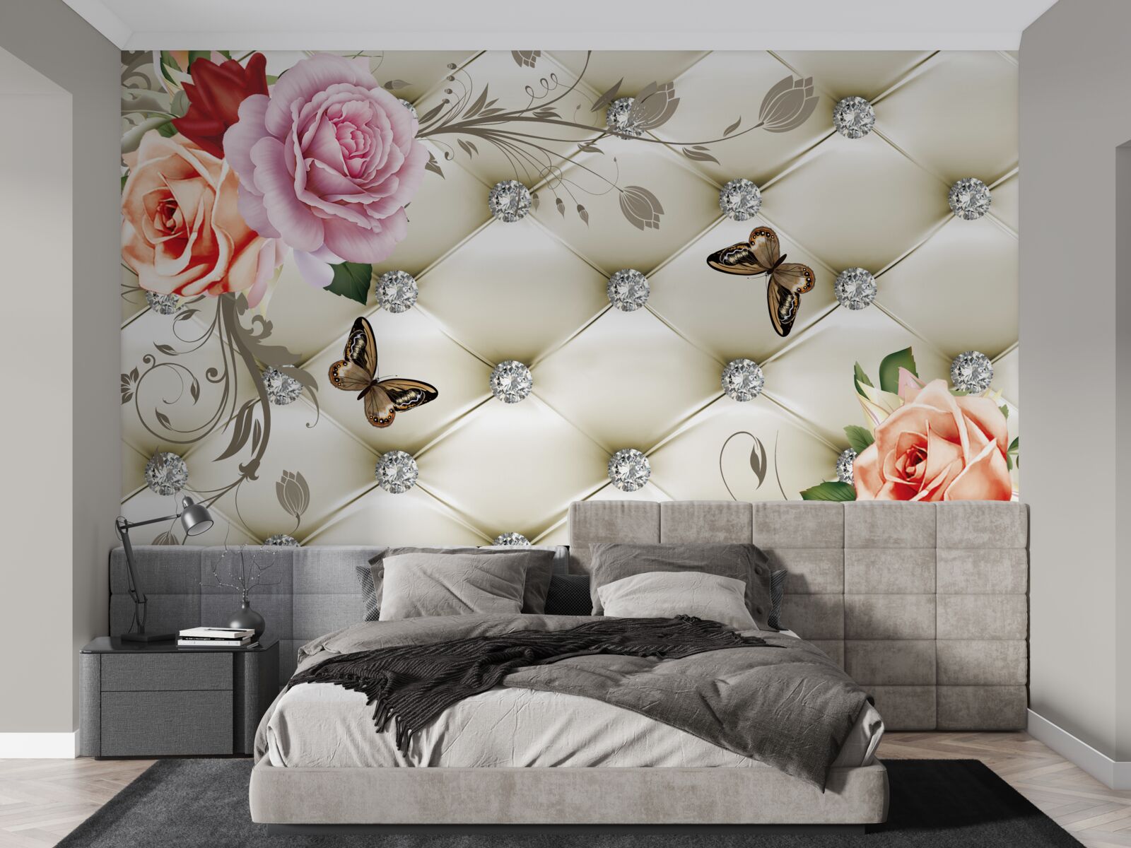 Fotobehang Muur versierd met rozen en vlinders op een witte gewatteerde achtergrond