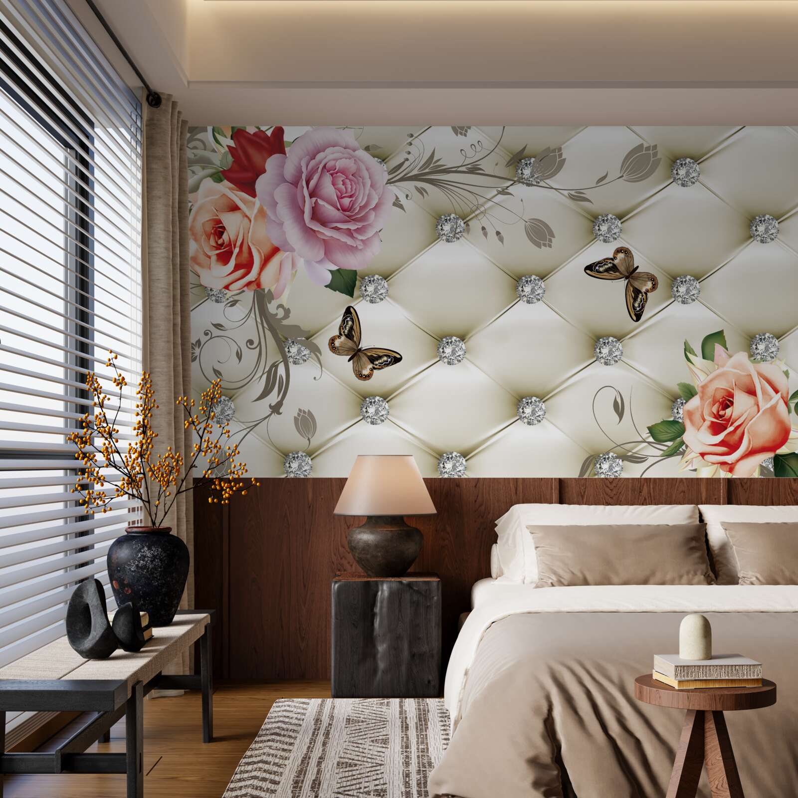 Fotobehang Muur versierd met rozen en vlinders op een witte gewatteerde achtergrond