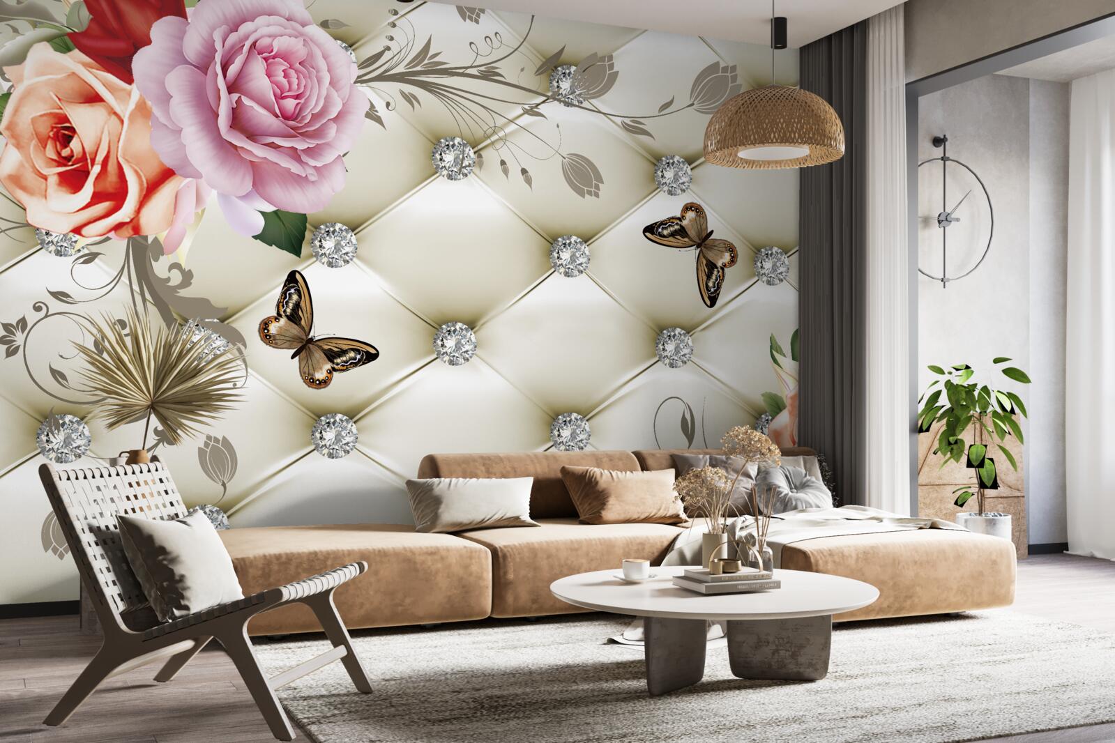 Fotobehang Muur versierd met rozen en vlinders op een witte gewatteerde achtergrond
