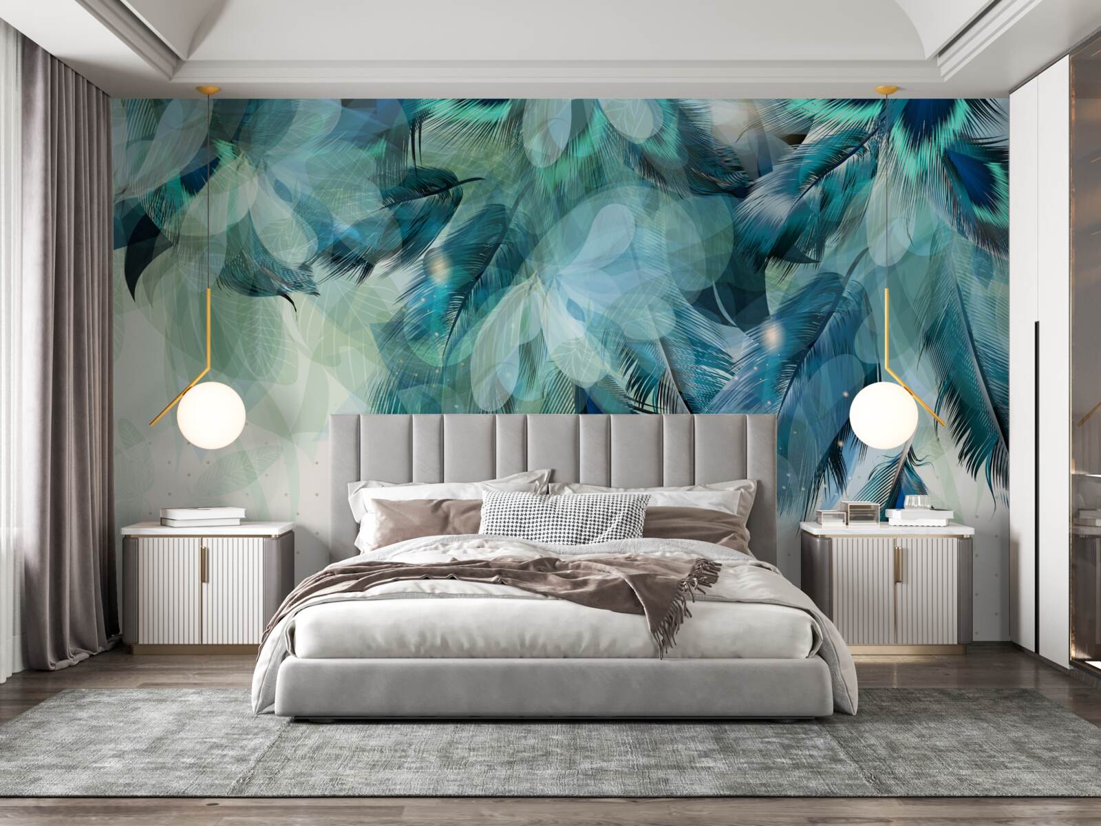Fotobehang pauwenveren in een turquoise tint