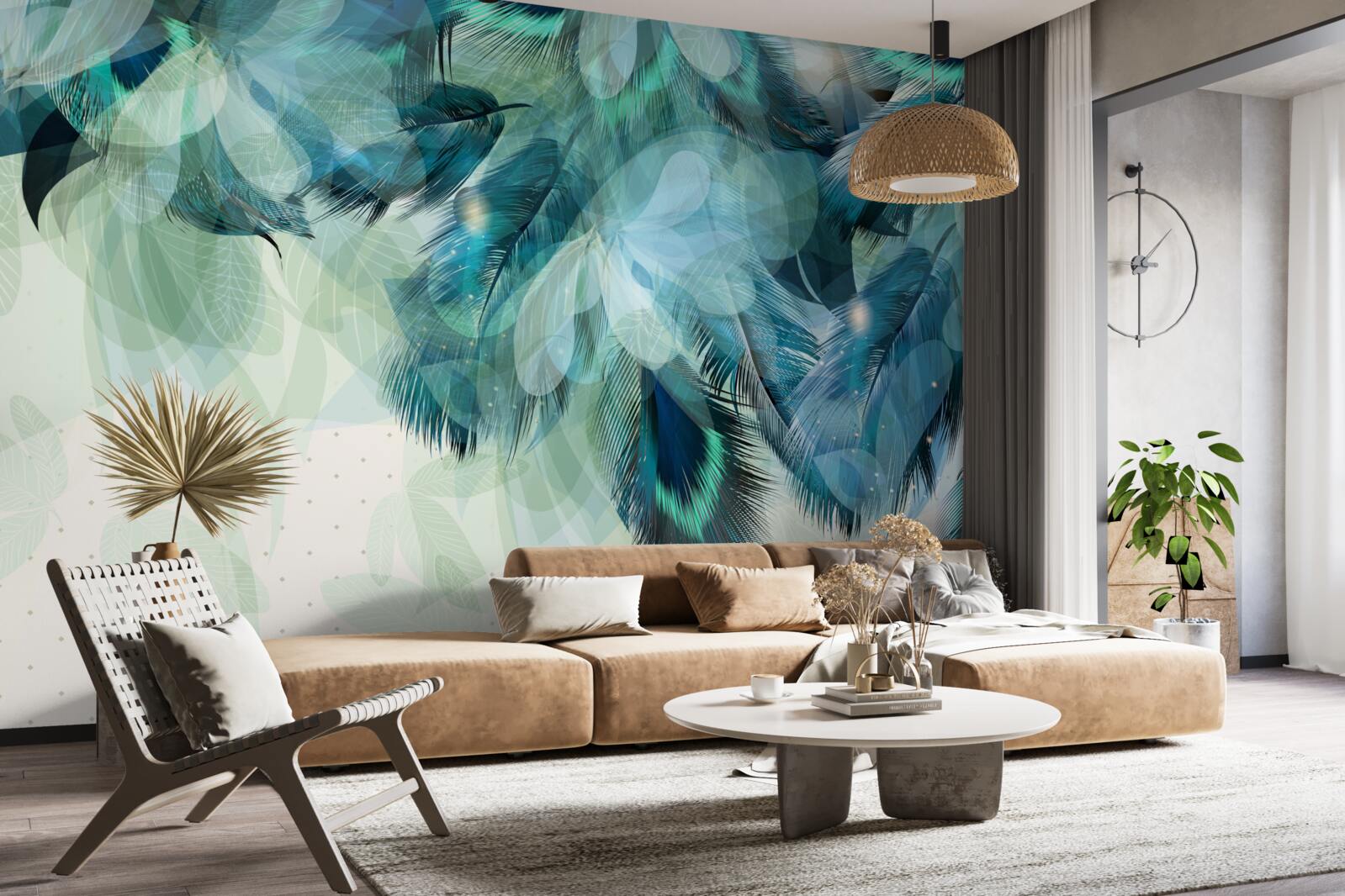 Fotobehang pauwenveren in een turquoise tint