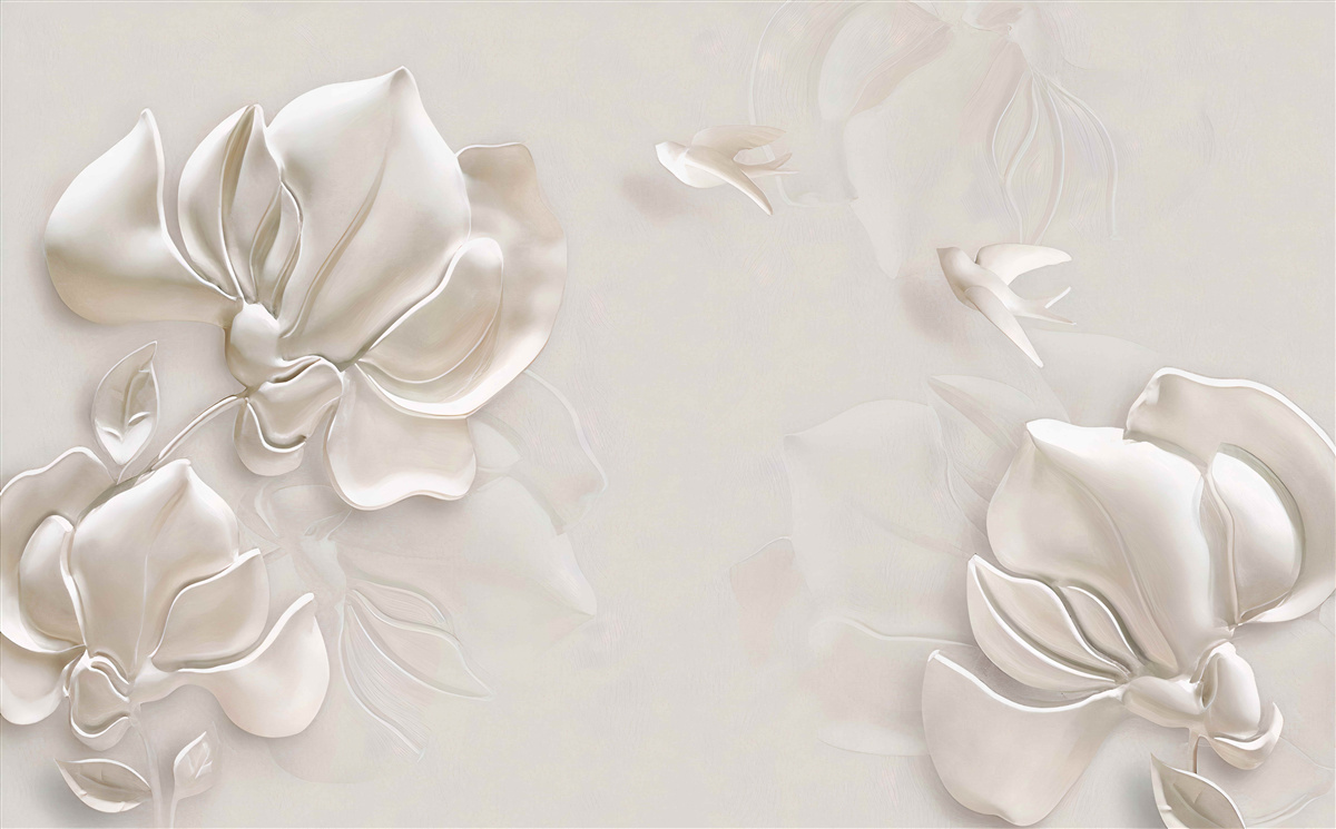 Fotobehang vogels en bloemen van wit materiaal
