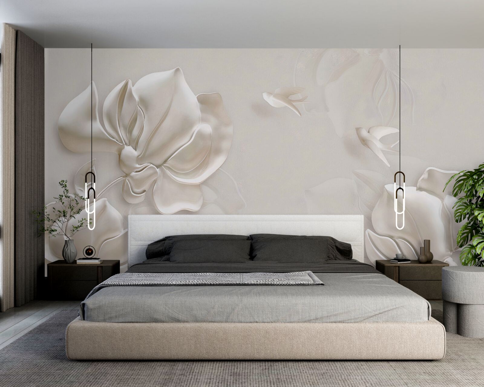 Fotobehang vogels en bloemen van wit materiaal