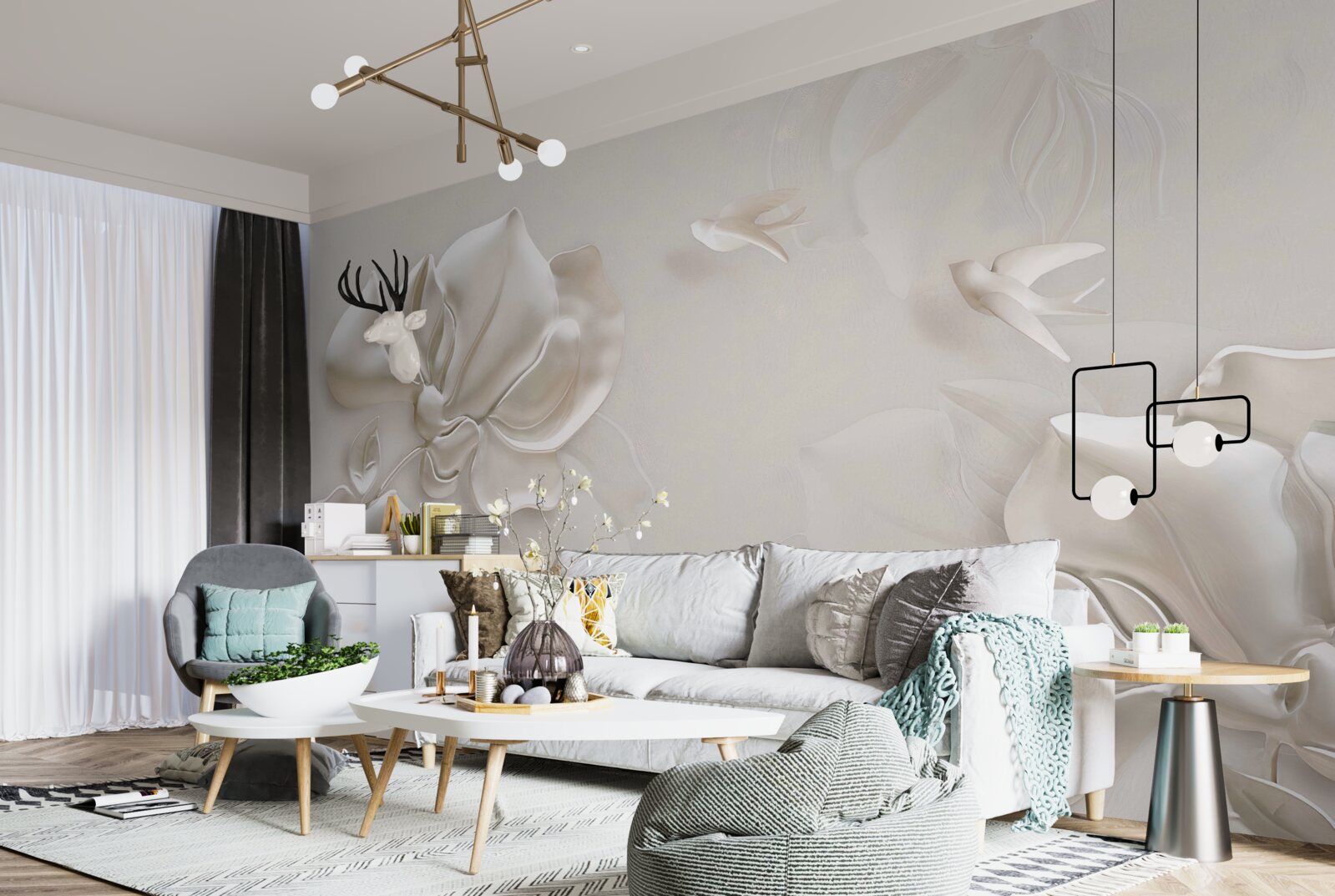 Fotobehang vogels en bloemen van wit materiaal