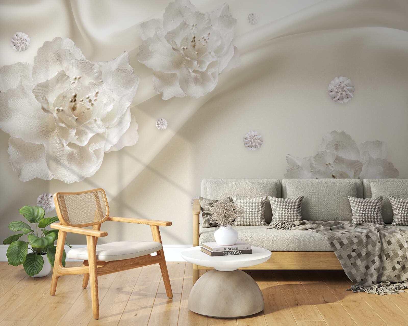 Fotobehang delicate witte rozen op de stof