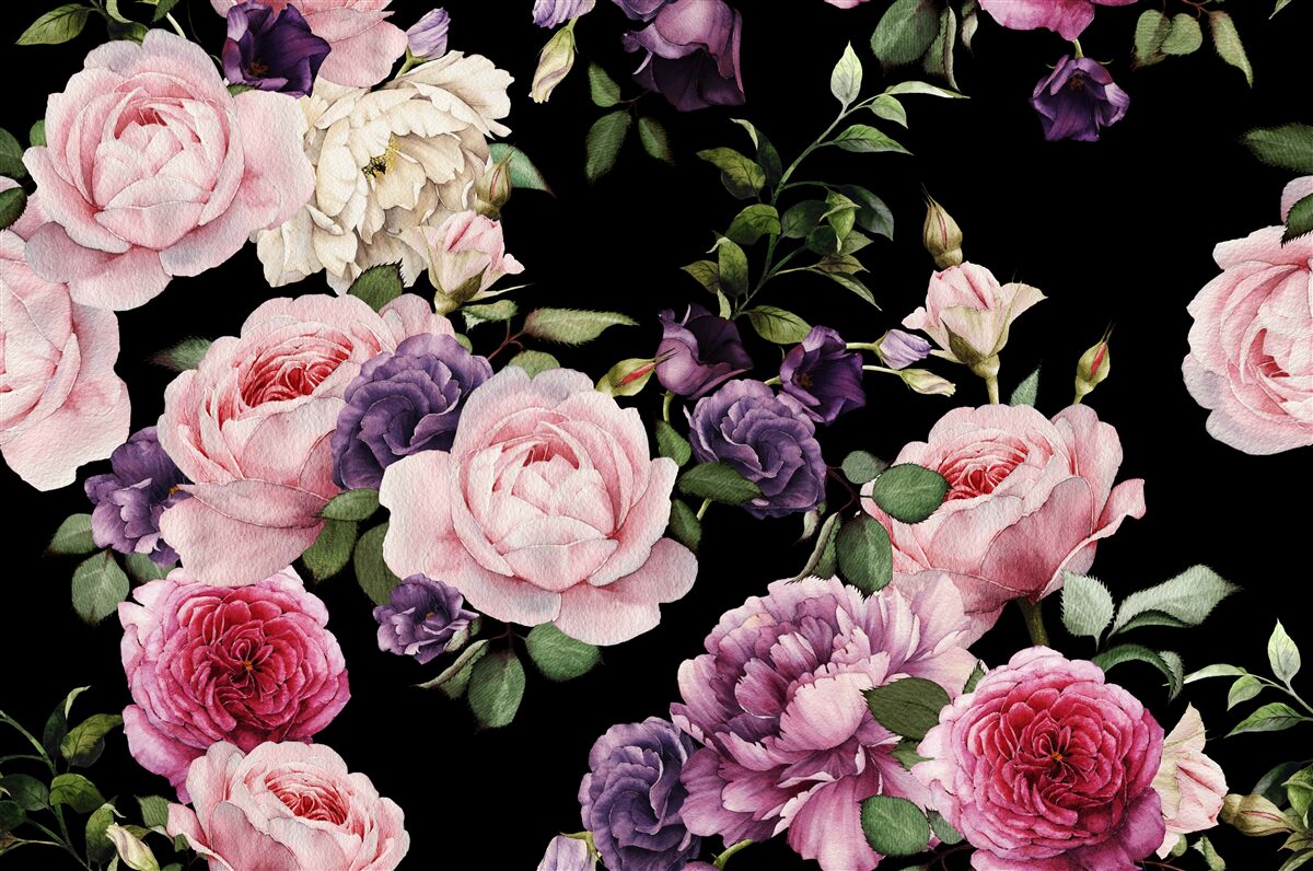 Fotobehang grote rozen op zwarte achtergrond
