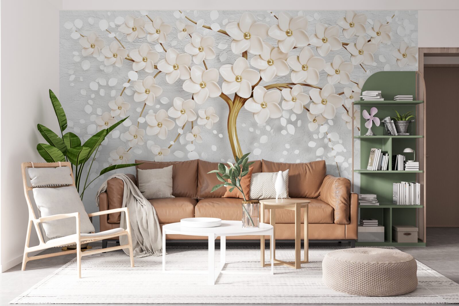 Fotobehang een boom met gouden tinten en charmante miniatuurbloemen