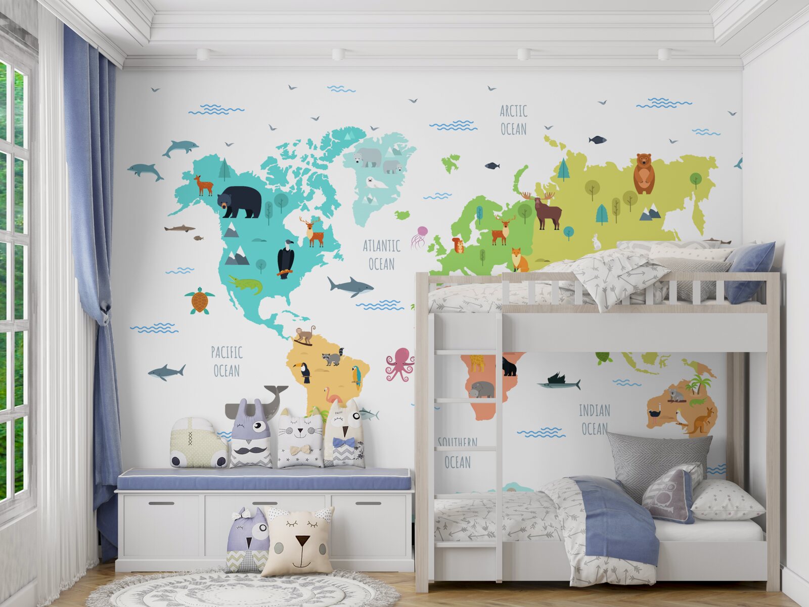 Fotobehang veelkleurige wereldkaart met faunavertegenwoordigers