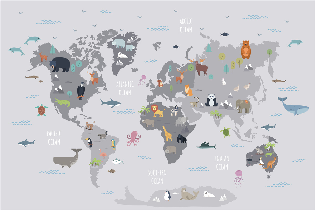 Fotobehang grijze wereldkaart met dierenafbeeldingen