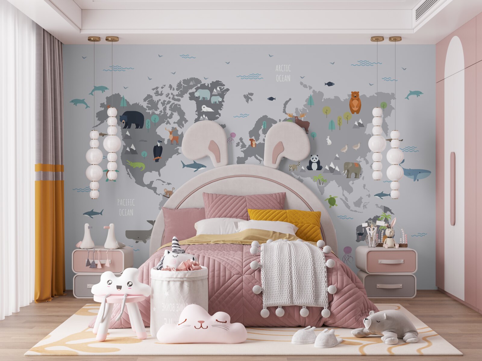 Fotobehang grijze wereldkaart met dierenafbeeldingen