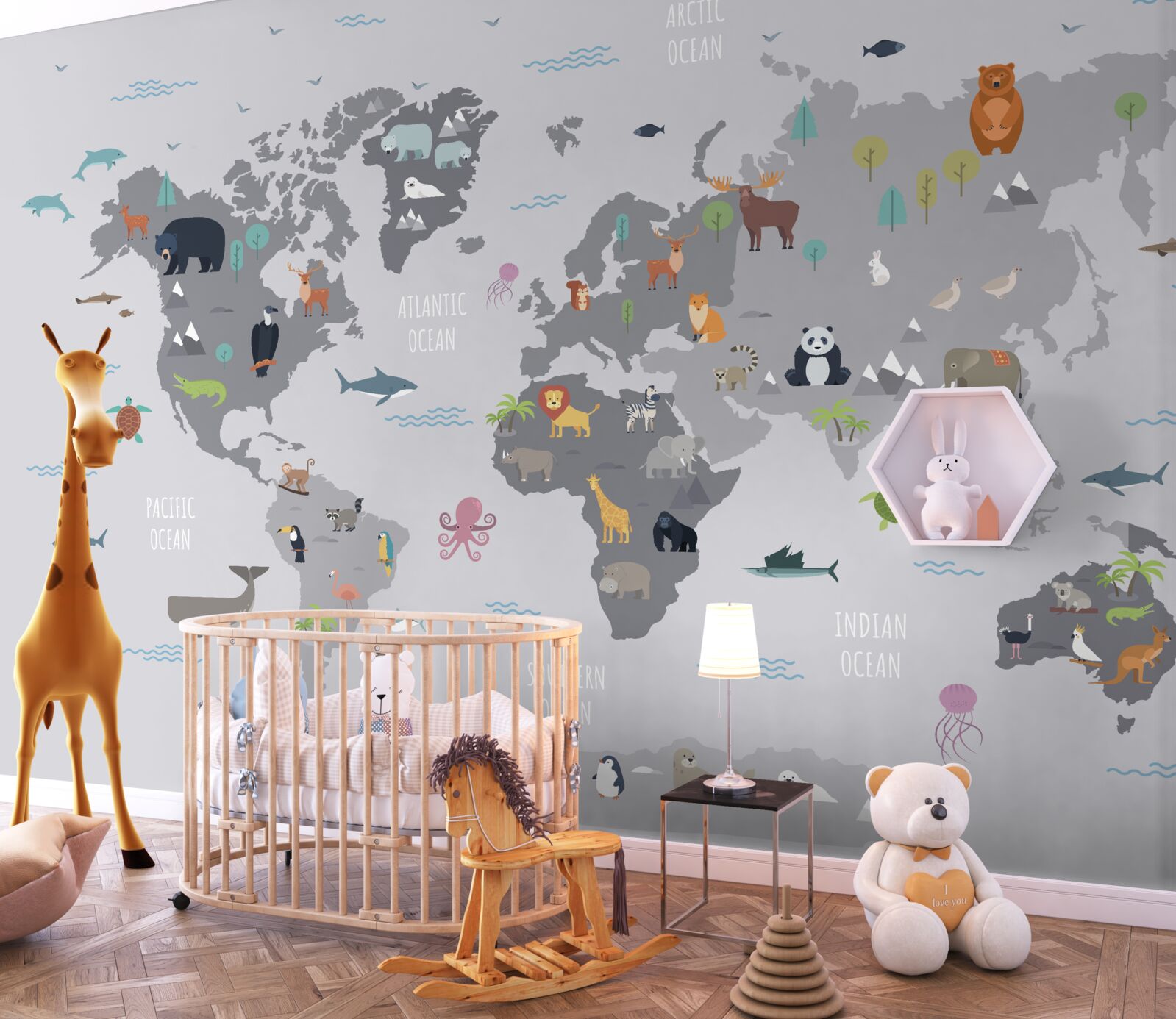 Fotobehang grijze wereldkaart met dierenafbeeldingen