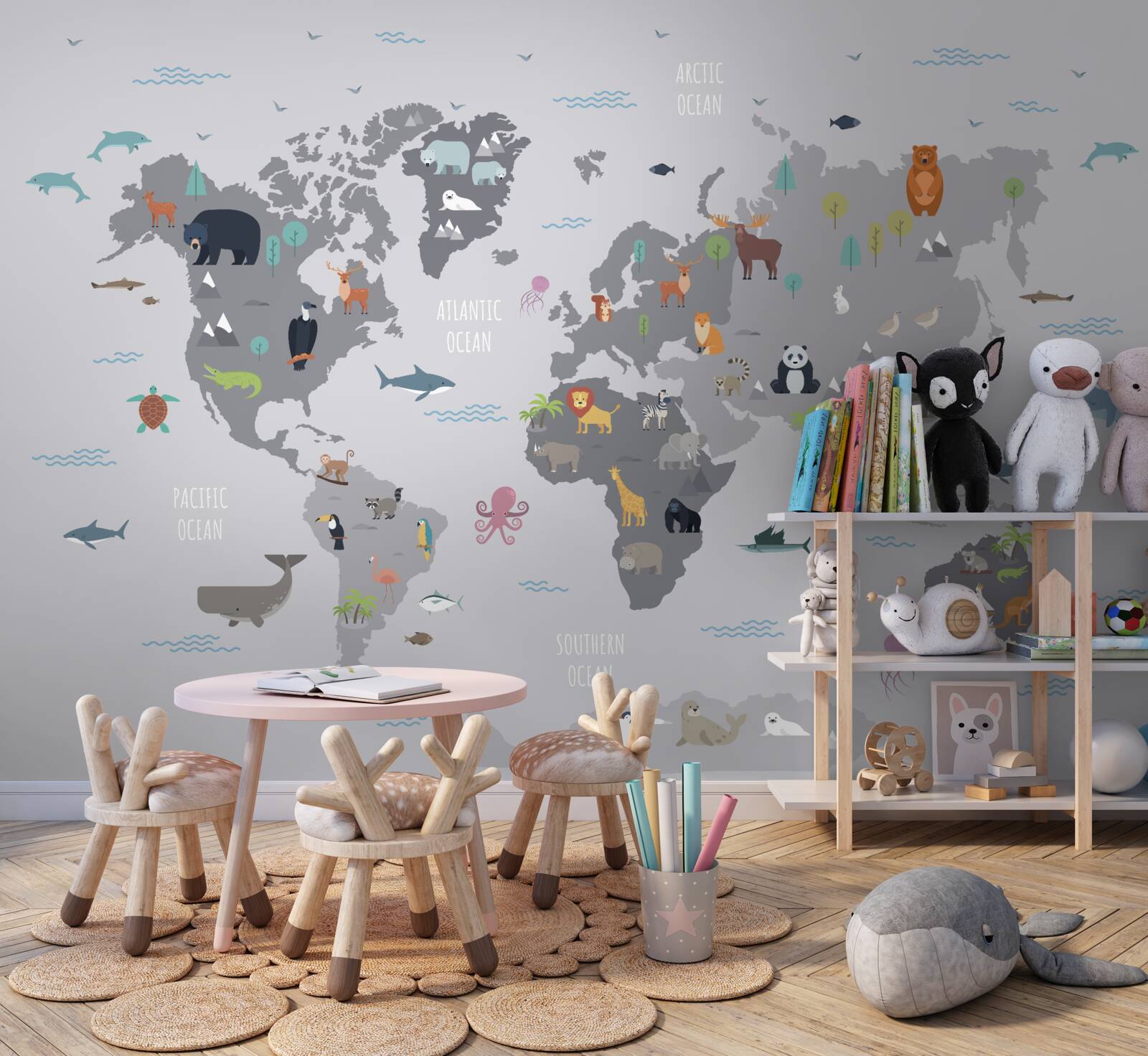 Fotobehang grijze wereldkaart met dierenafbeeldingen