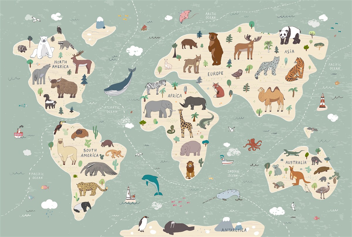 Fotobehang de wereldkaart toont een veelheid aan verschillende dieren