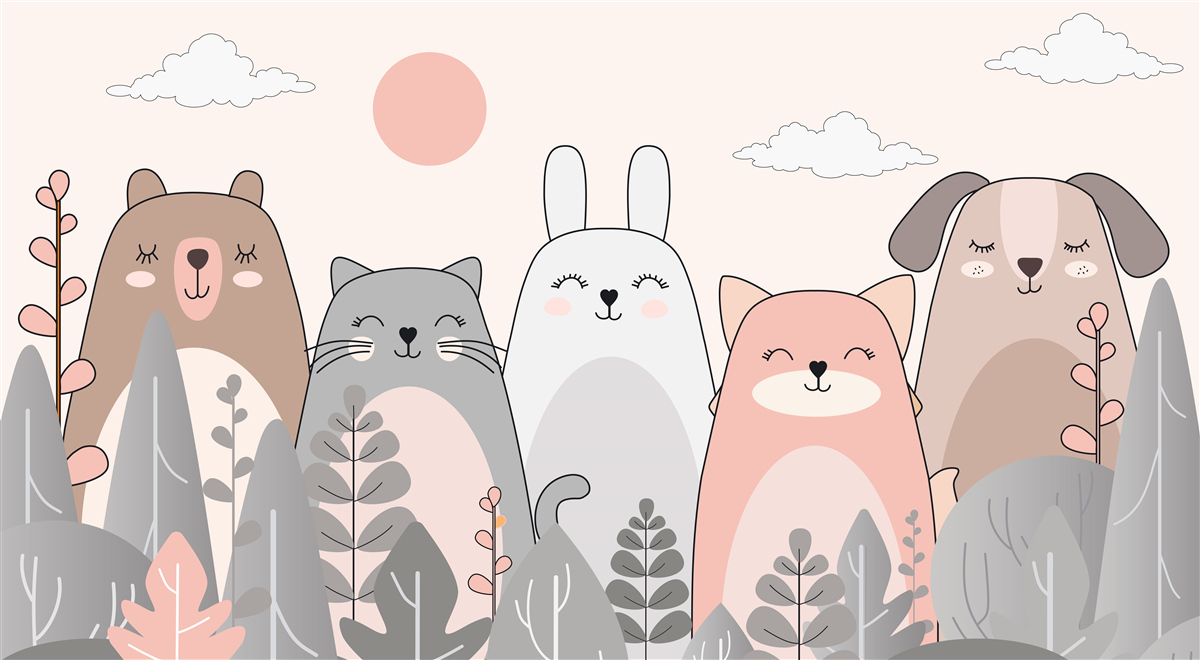 Fotobehang vijf charmante en diverse dieren