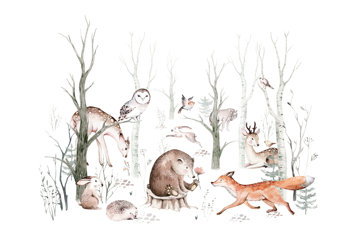 Fotobehang dieren in het bos afgebeeld in aquarelverf