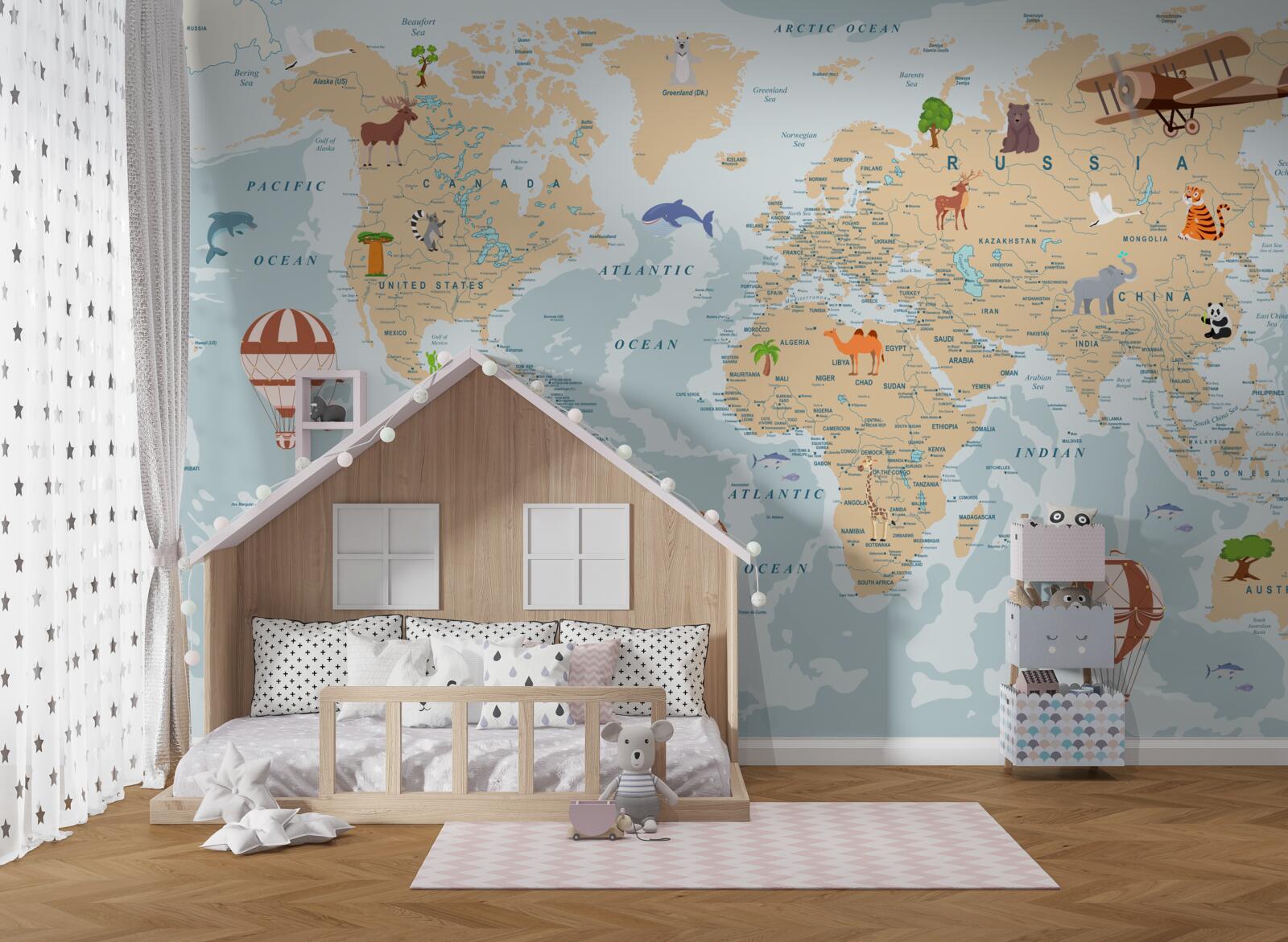 Fotobehang gedetailleerde geografische kaart van de wereld met verschillende afbeeldingen