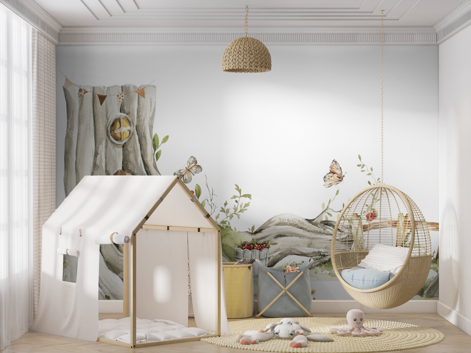 Fotobehang de ingang van de houten woning van de bosbewoner
