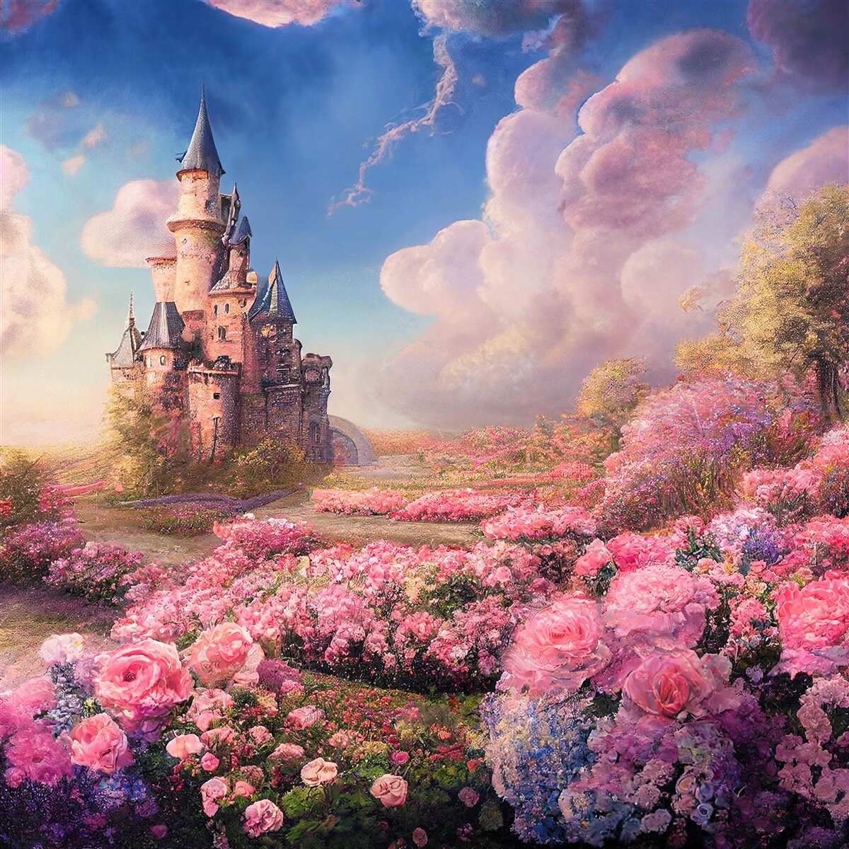 Fotobehang honingdorp met planten tegen de achtergrond van een magisch herenhuis