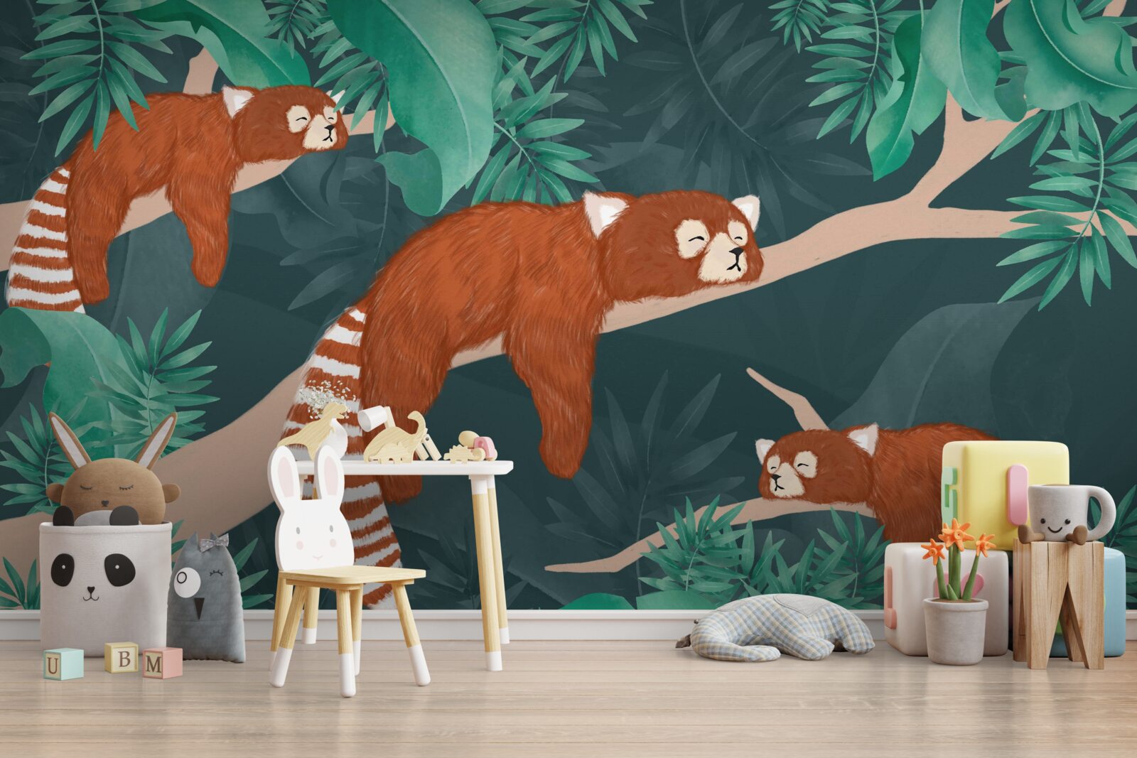 Fotobehang oranje panda's rustend op takken
