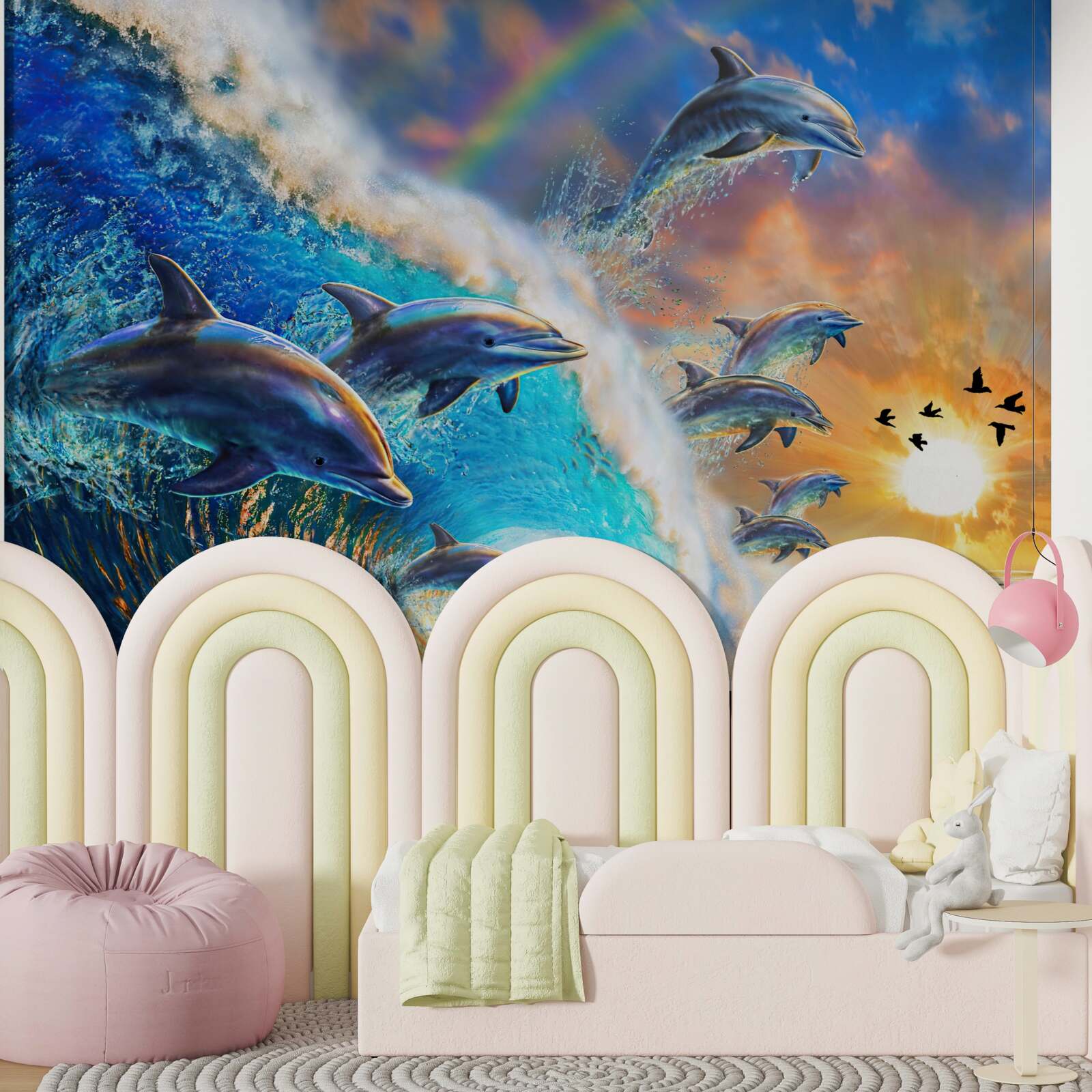 Fotobehang bij zonsondergang springen dolfijnen uit het water