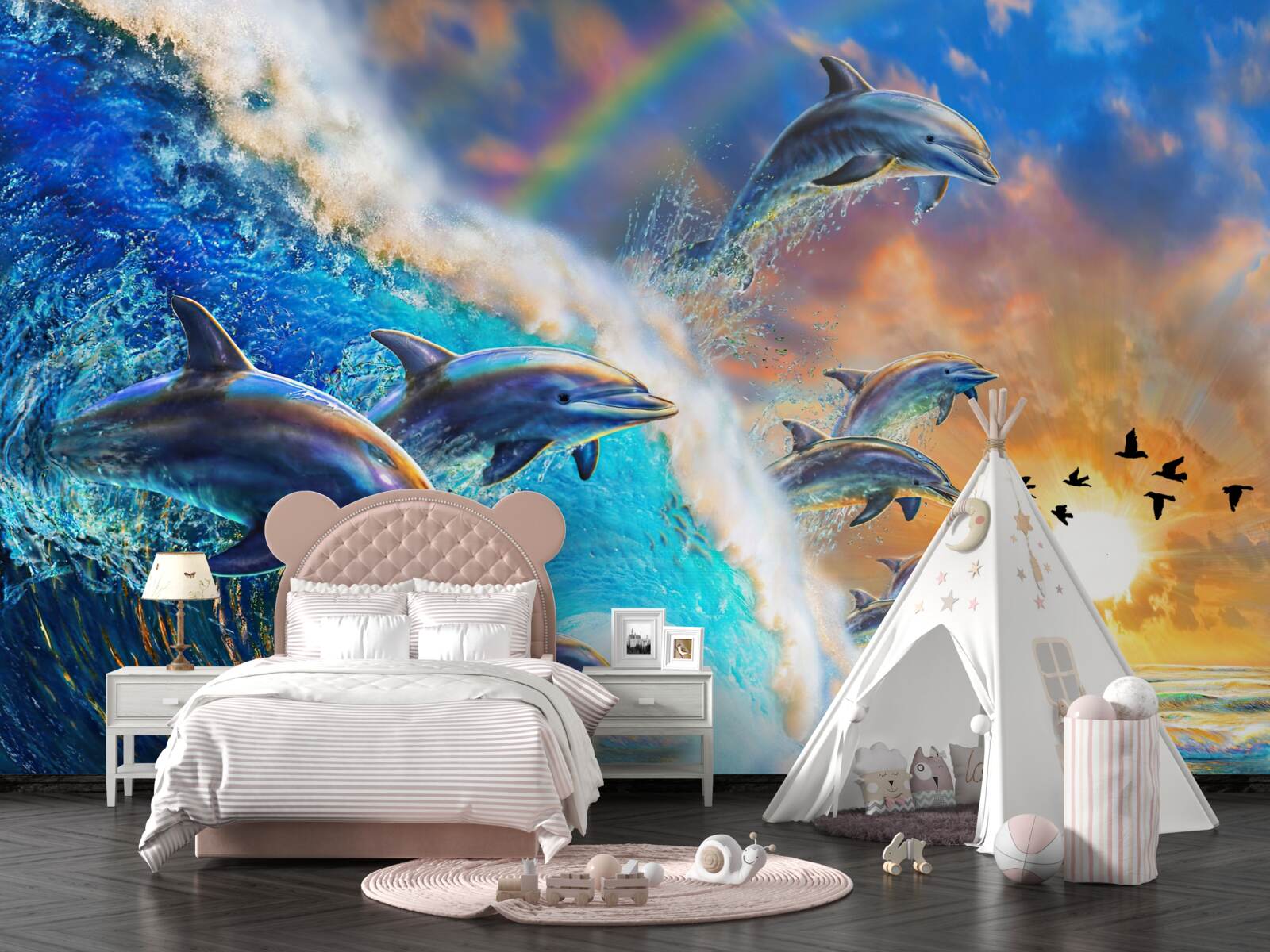 Fotobehang bij zonsondergang springen dolfijnen uit het water