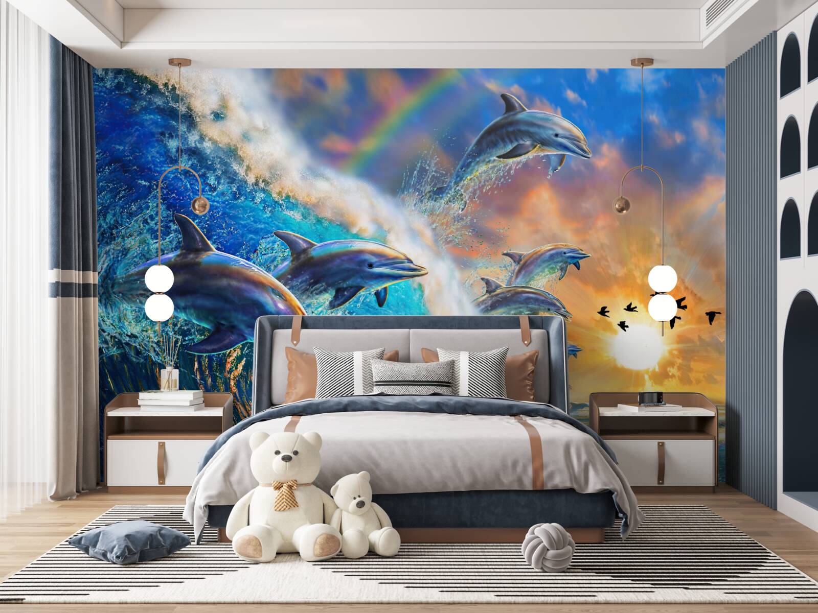 Fotobehang bij zonsondergang springen dolfijnen uit het water