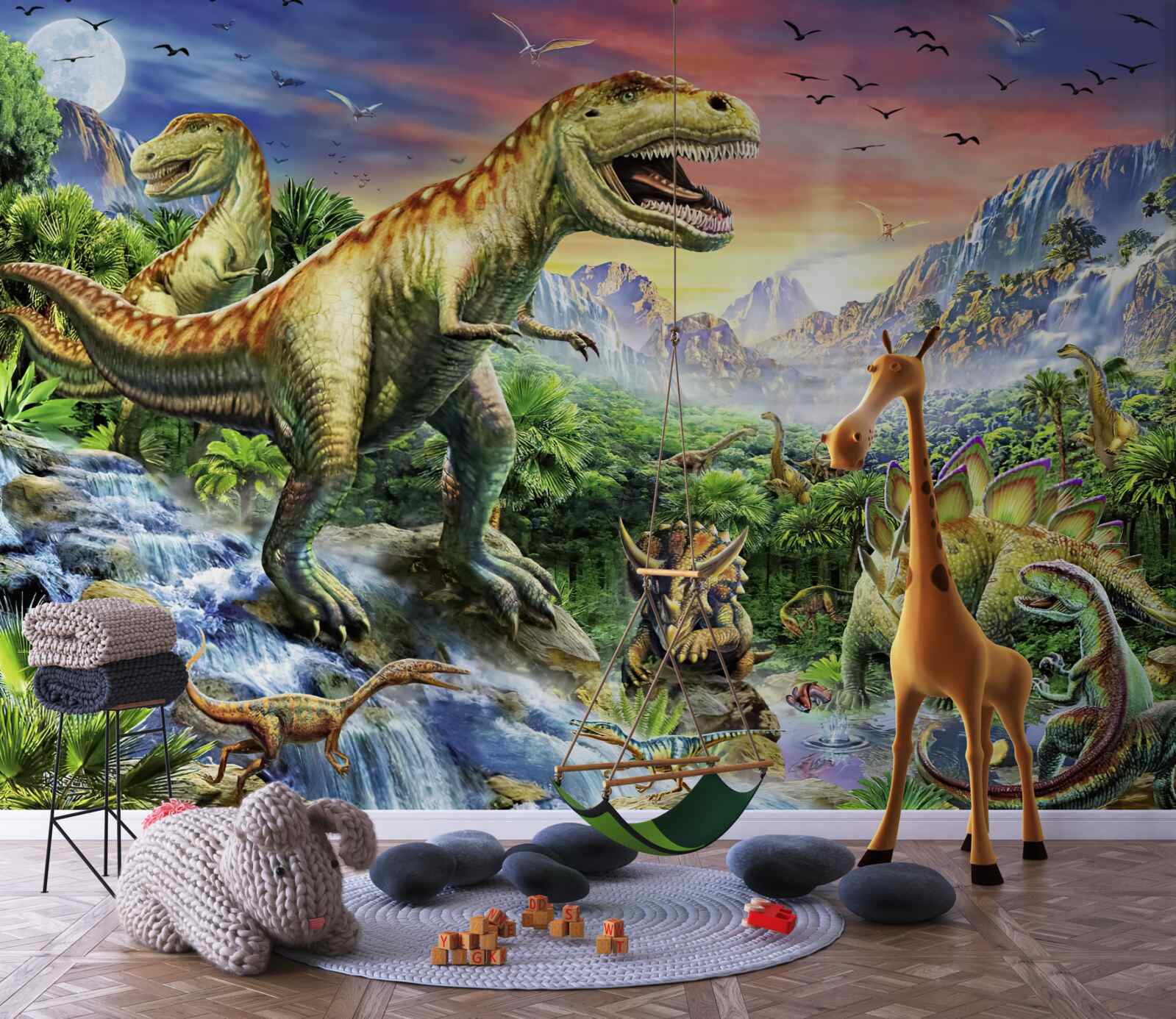 Fotobehang dinosaurussen op bergtoppen