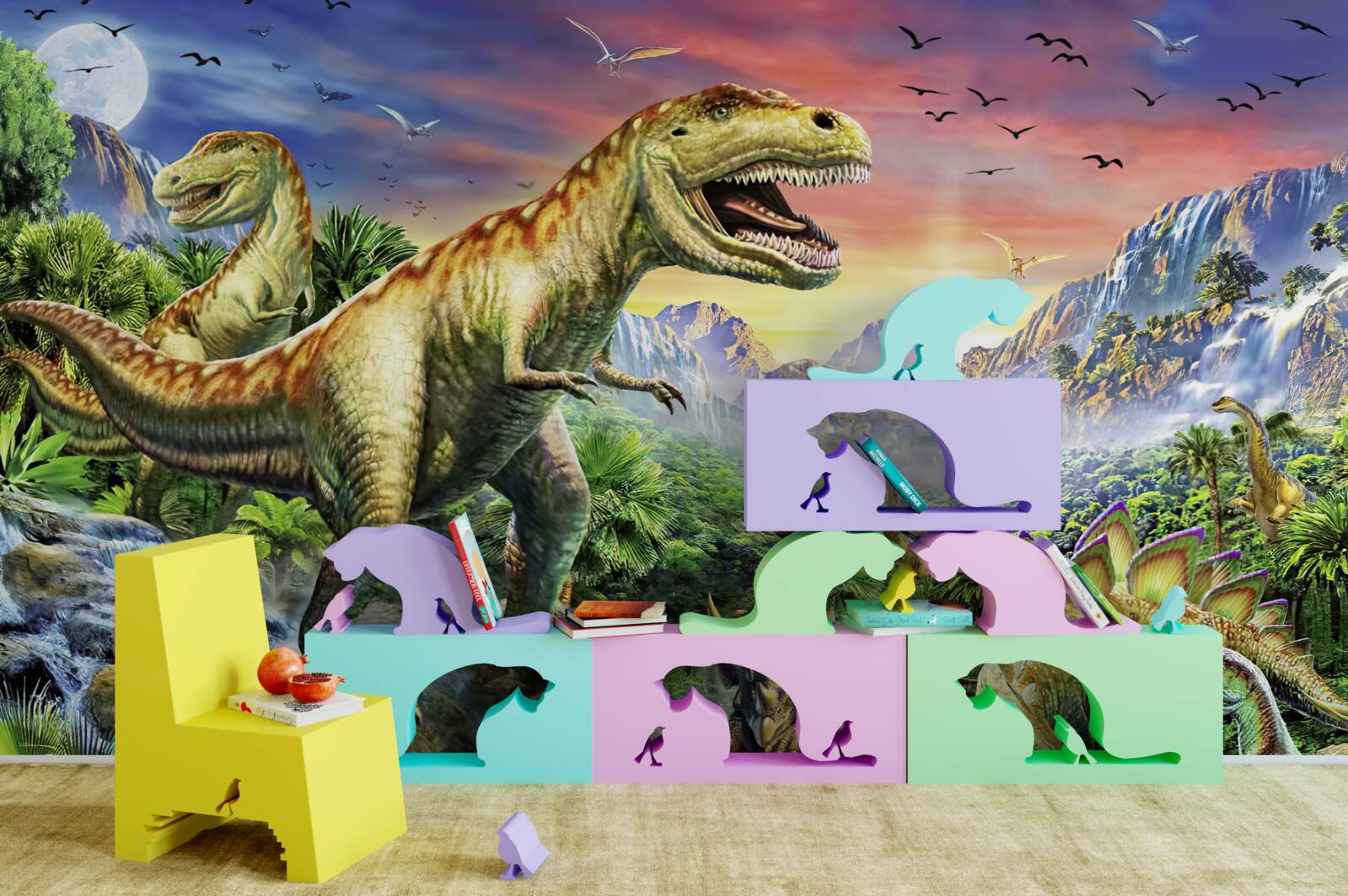 Fotobehang dinosaurussen op bergtoppen