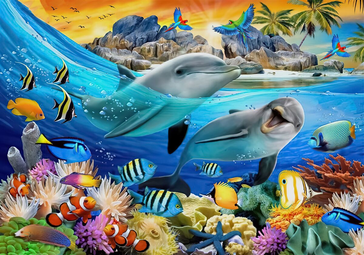 Fotobehang dolfijnen zwemmen naar het wateroppervlak