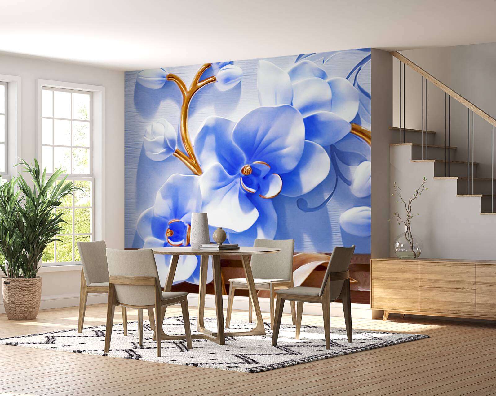 Fotobehang orchidee in hemelse kleur op takken versierd met goud